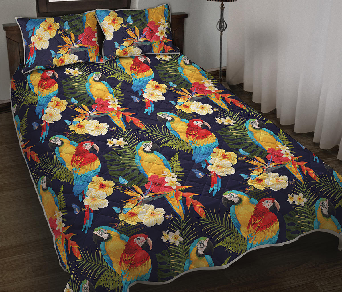 Parrot And Flower Pattern Print Quilt Bed Set