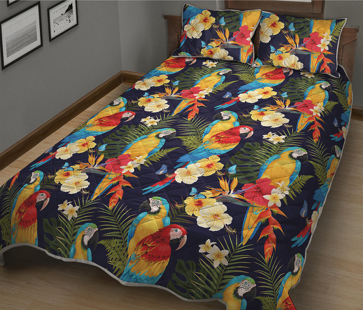 Parrot And Flower Pattern Print Quilt Bed Set