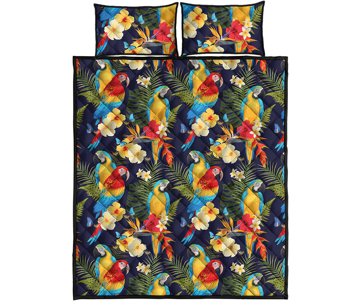 Parrot And Flower Pattern Print Quilt Bed Set