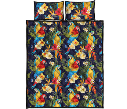 Parrot And Flower Pattern Print Quilt Bed Set