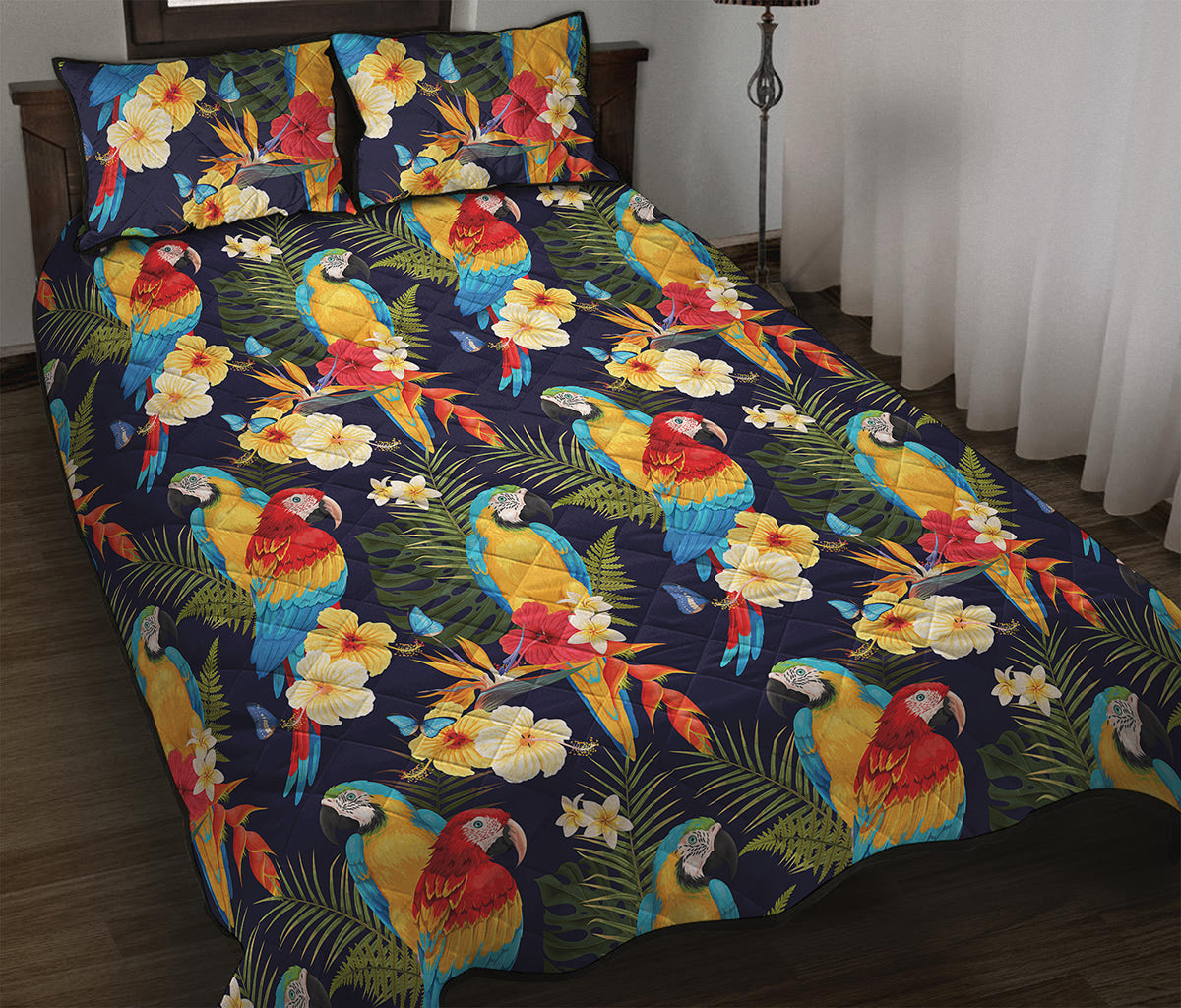 Parrot And Flower Pattern Print Quilt Bed Set