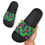 Parrot Banana Leaf Hawaii Pattern Print Black Slide Sandals