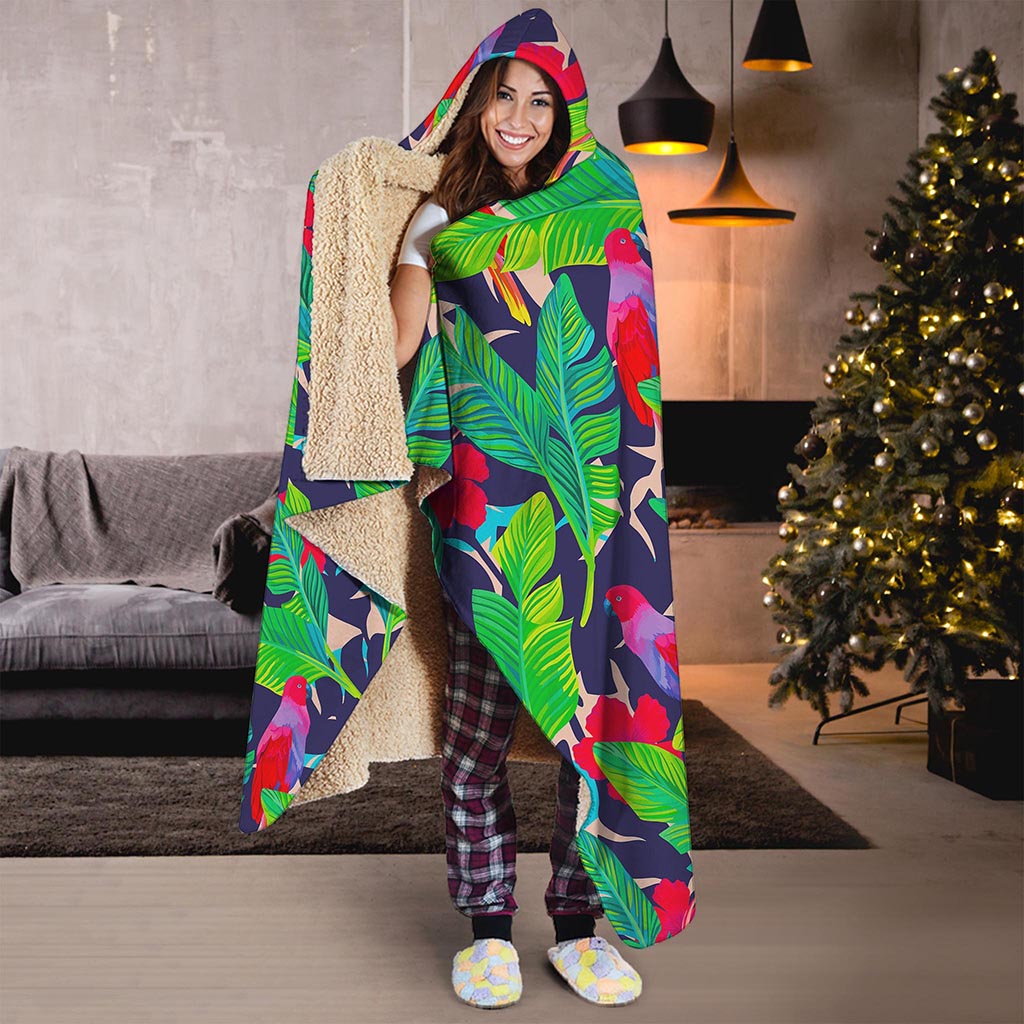 Parrot Banana Leaf Hawaii Pattern Print Hooded Blanket
