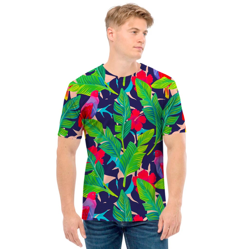 Parrot Banana Leaf Hawaii Pattern Print Men's T-Shirt