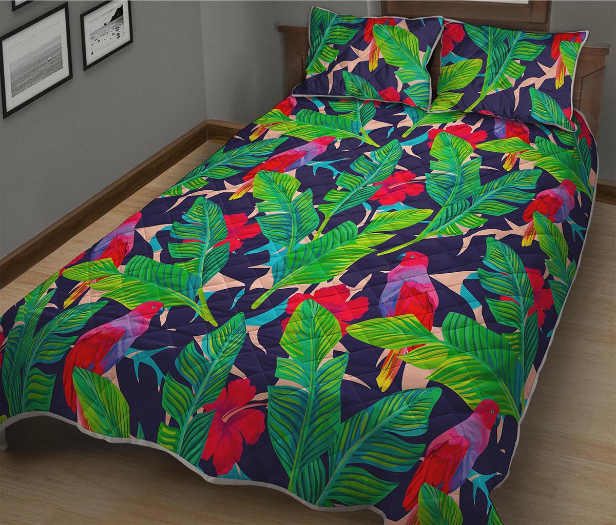 Parrot Banana Leaf Hawaii Pattern Print Quilt Bed Set