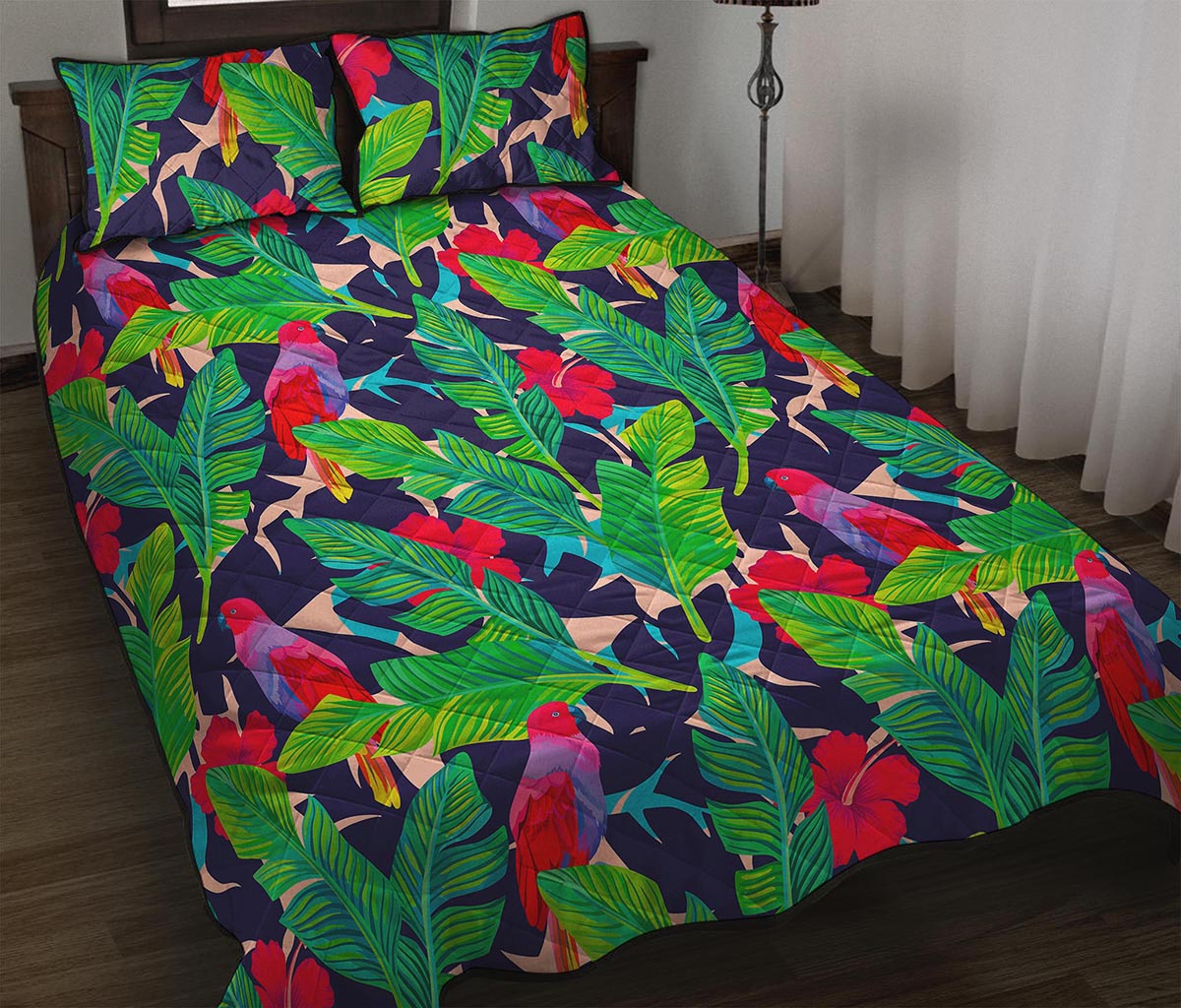 Parrot Banana Leaf Hawaii Pattern Print Quilt Bed Set
