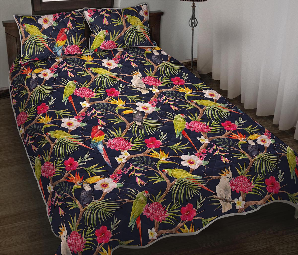 Parrot Toucan Tropical Pattern Print Quilt Bed Set
