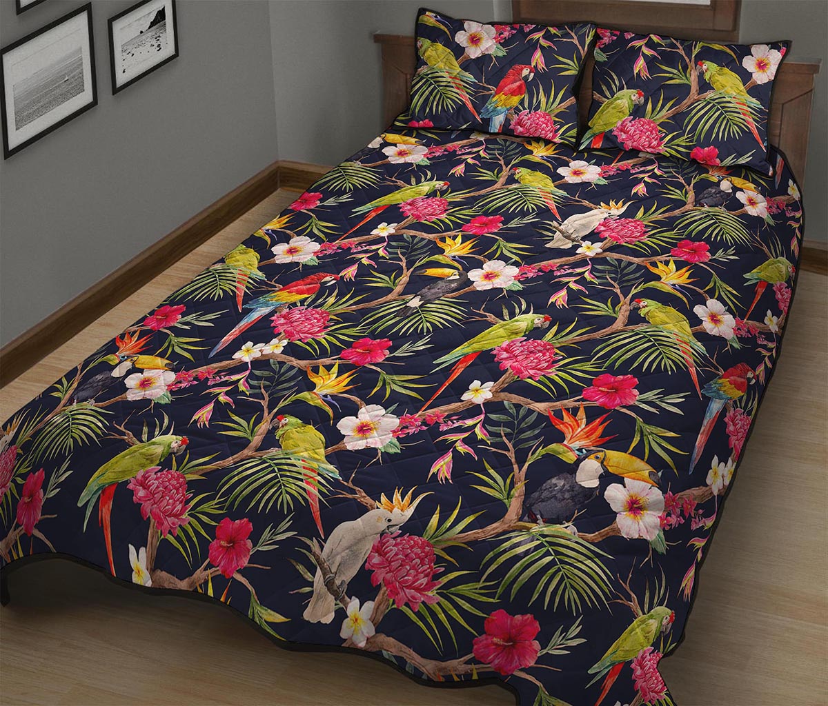 Parrot Toucan Tropical Pattern Print Quilt Bed Set
