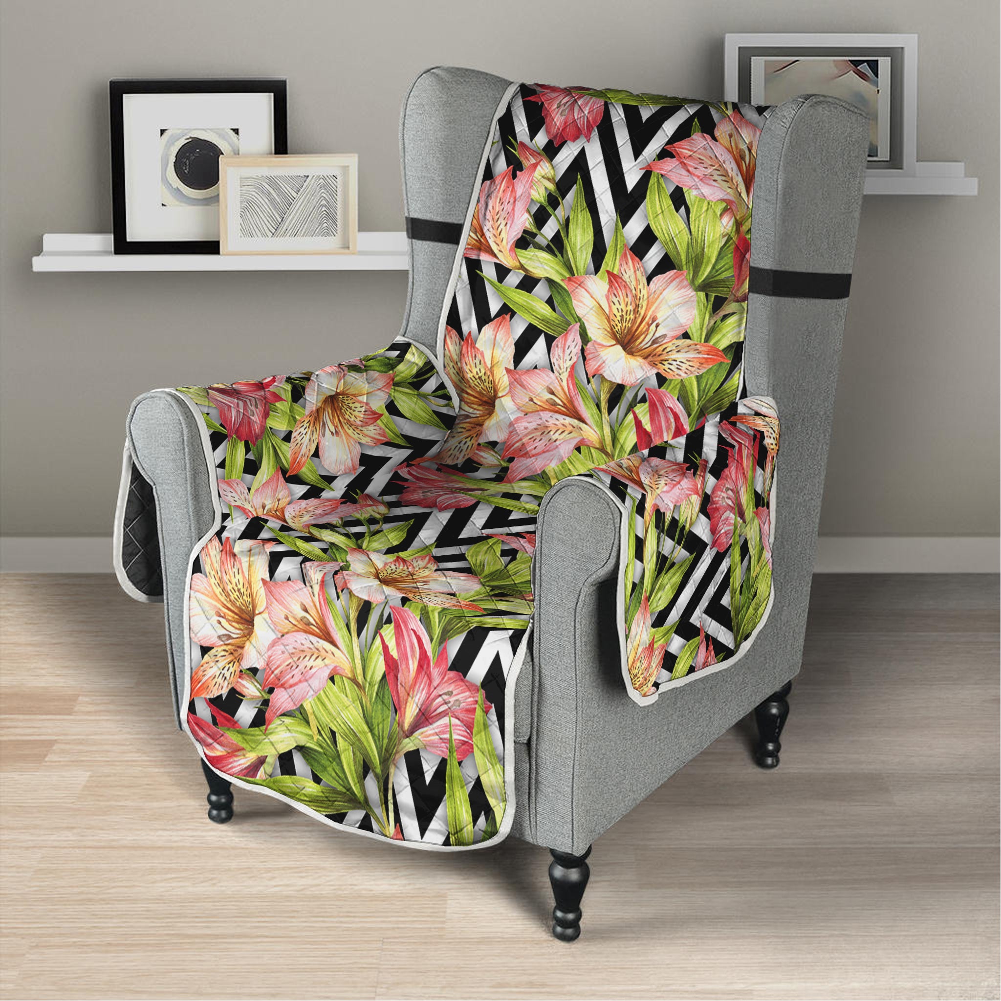 Pastel Alstroemeria Zigzag Pattern Print Armchair Protector