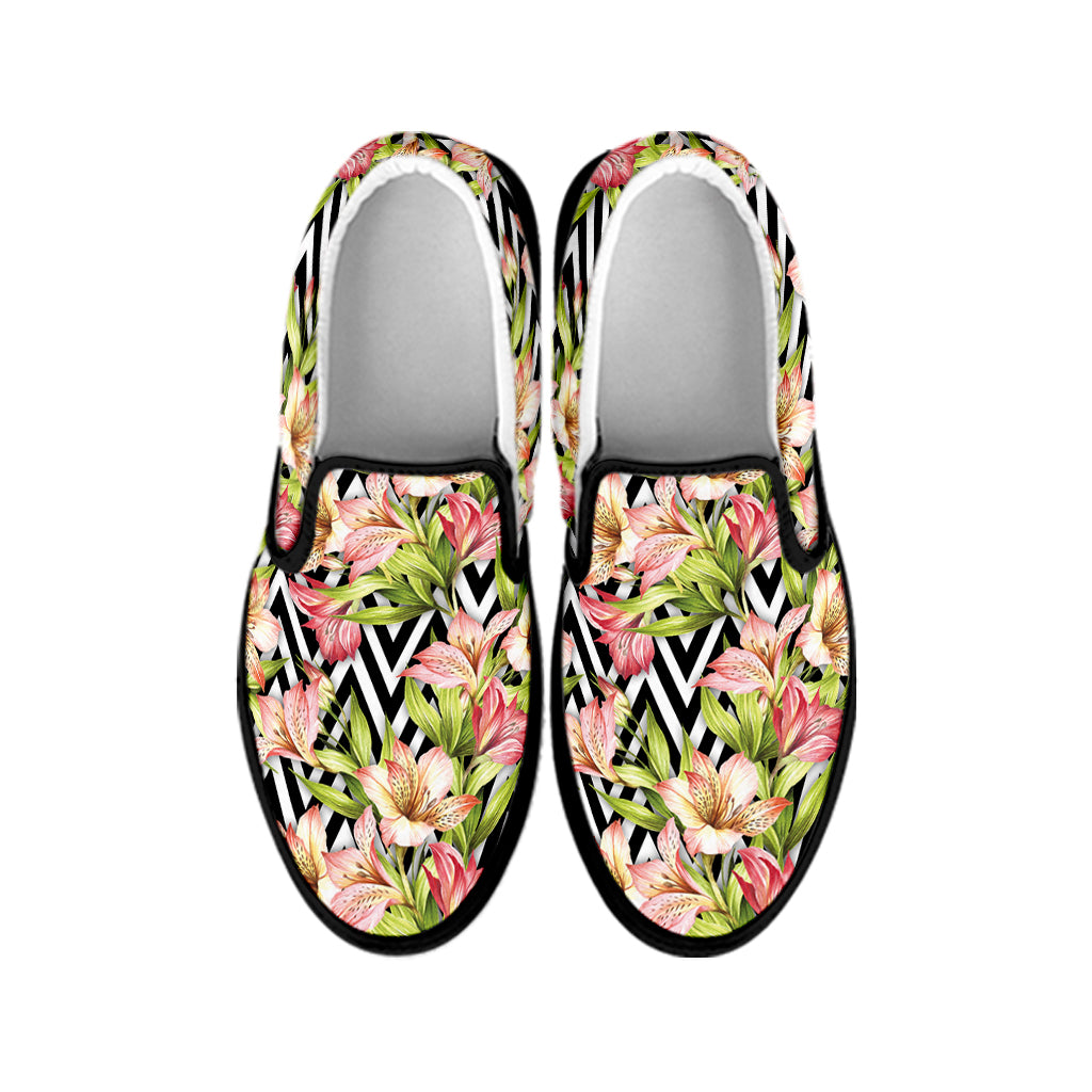 Pastel Alstroemeria Zigzag Pattern Print Black Slip On Shoes