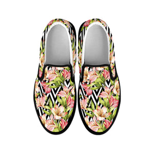 Pastel Alstroemeria Zigzag Pattern Print Black Slip On Shoes