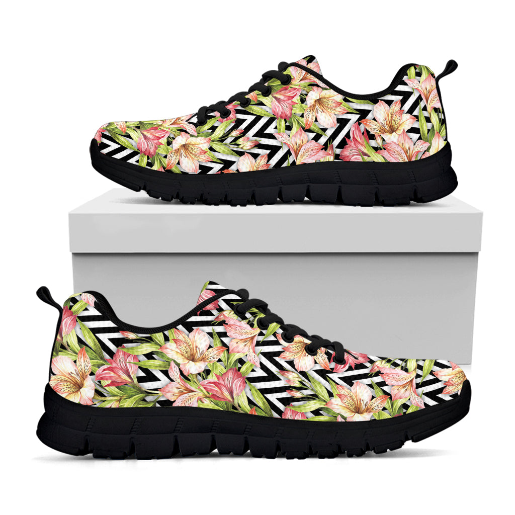 Pastel Alstroemeria Zigzag Pattern Print Black Sneakers