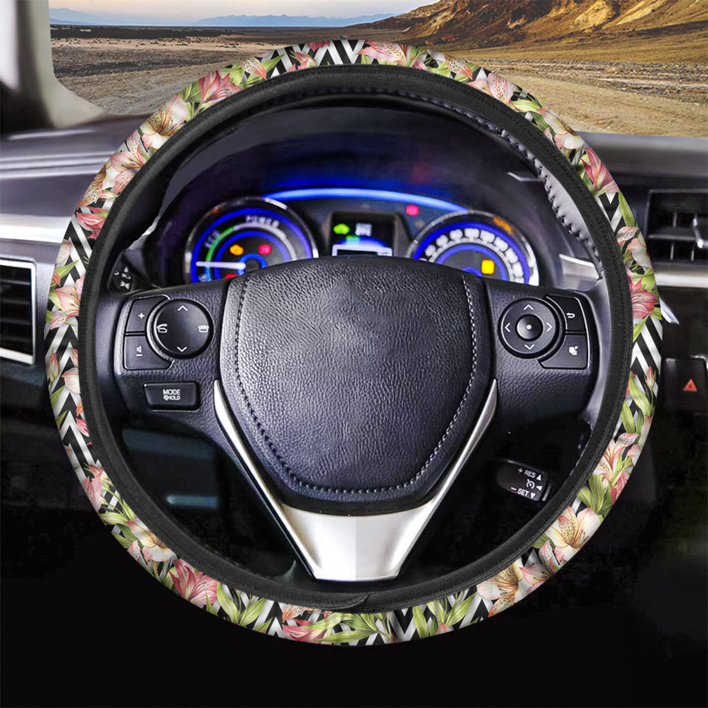 Pastel Alstroemeria Zigzag Pattern Print Car Steering Wheel Cover