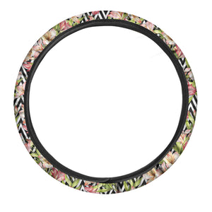 Pastel Alstroemeria Zigzag Pattern Print Car Steering Wheel Cover