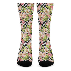 Pastel Alstroemeria Zigzag Pattern Print Crew Socks