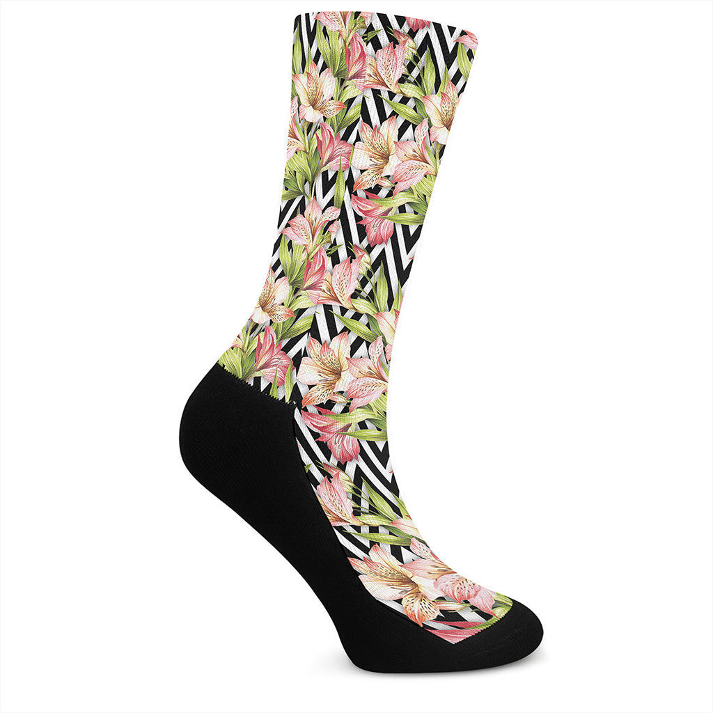 Pastel Alstroemeria Zigzag Pattern Print Crew Socks