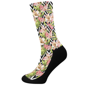 Pastel Alstroemeria Zigzag Pattern Print Crew Socks