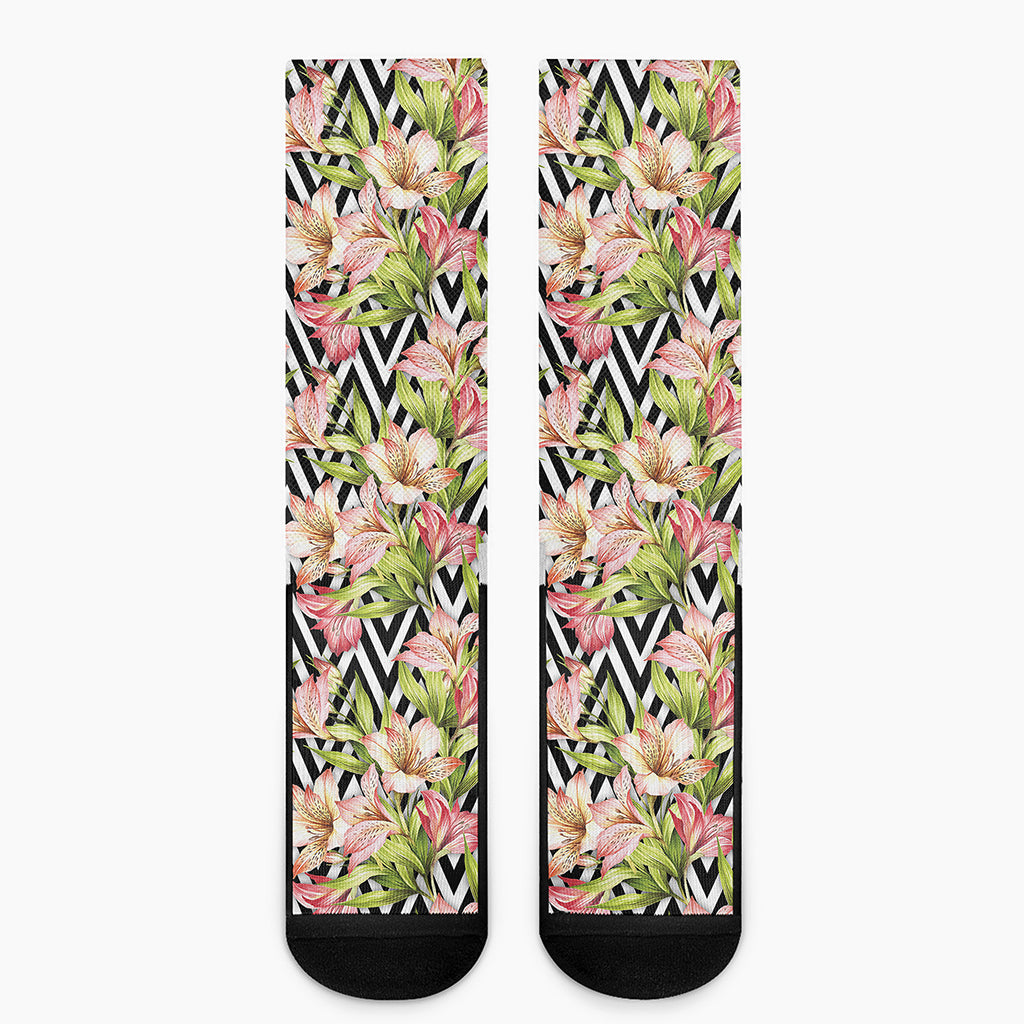 Pastel Alstroemeria Zigzag Pattern Print Crew Socks