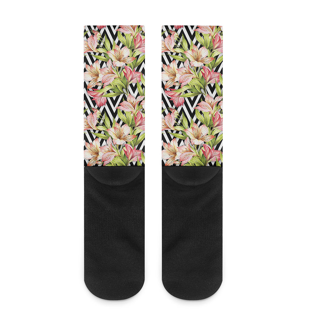 Pastel Alstroemeria Zigzag Pattern Print Crew Socks