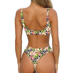 Pastel Alstroemeria Zigzag Pattern Print Front Bow Tie Bikini