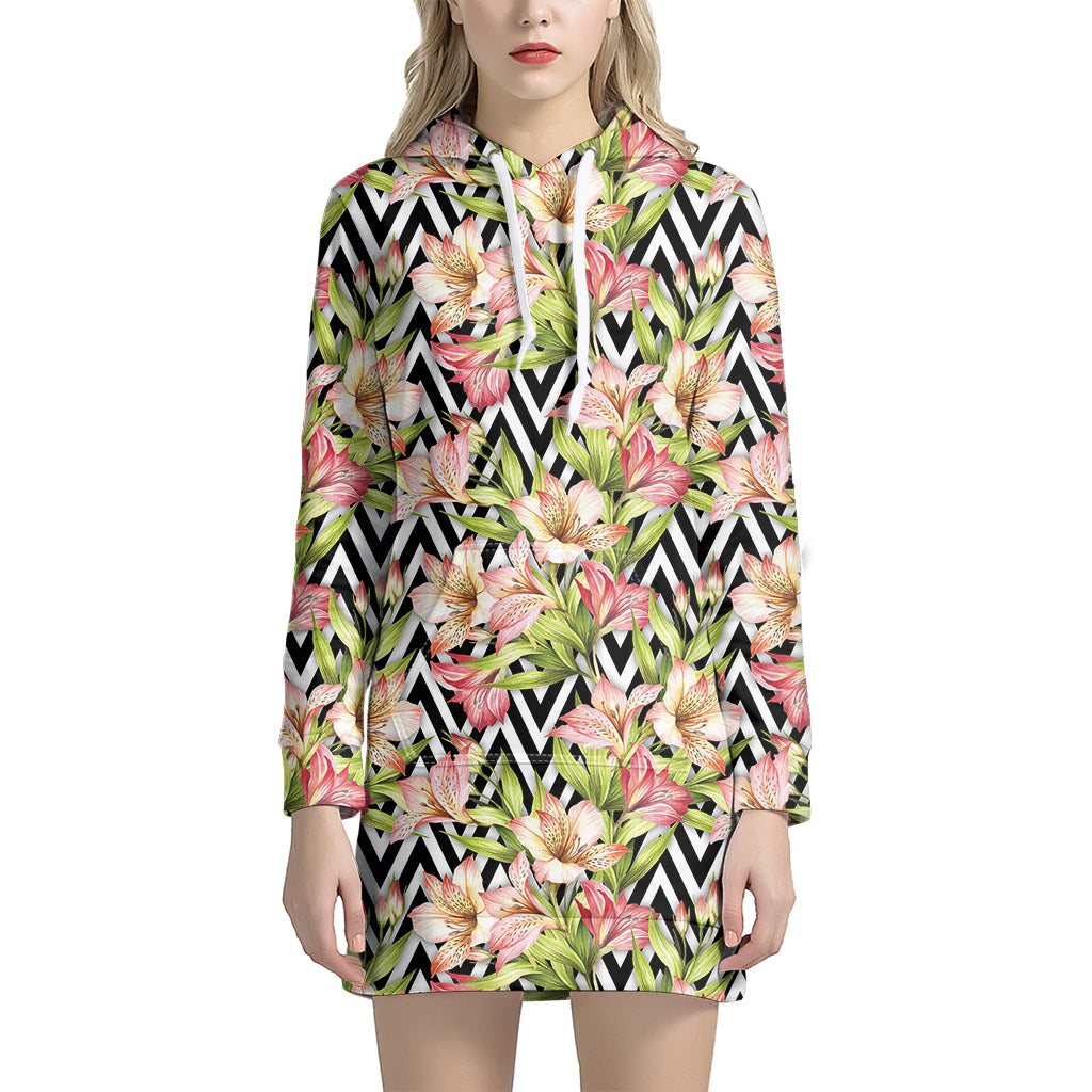 Pastel Alstroemeria Zigzag Pattern Print Hoodie Dress