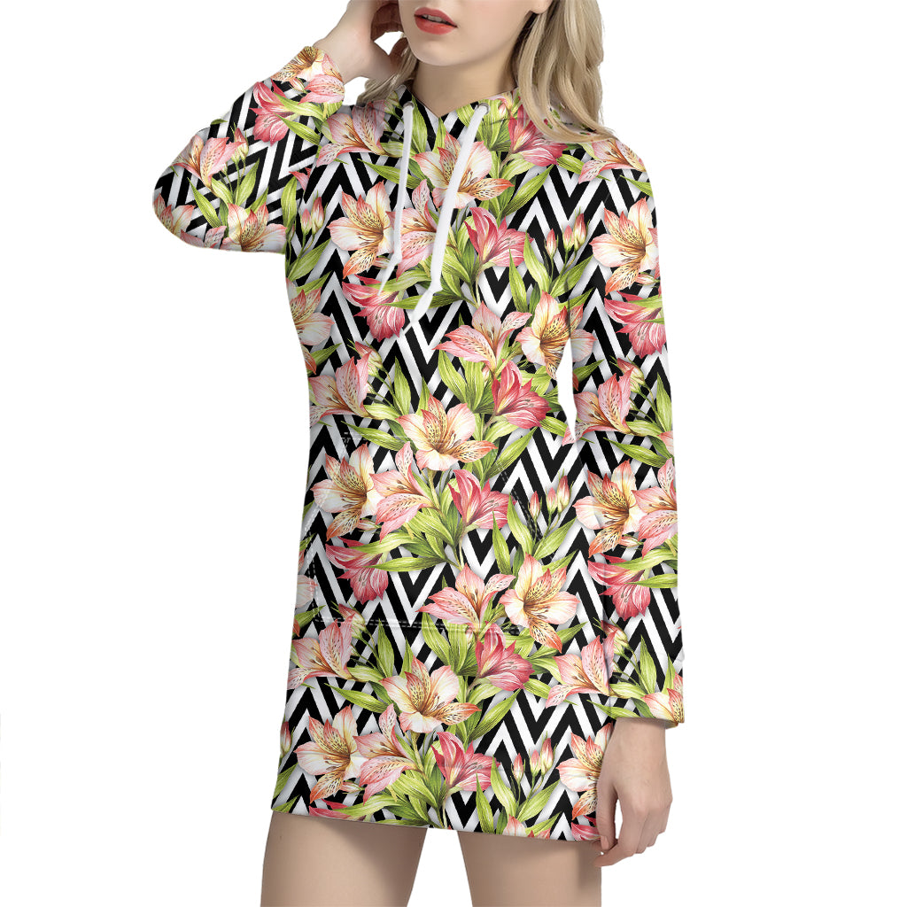 Pastel Alstroemeria Zigzag Pattern Print Hoodie Dress