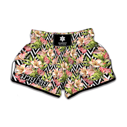 Pastel Alstroemeria Zigzag Pattern Print Muay Thai Boxing Shorts