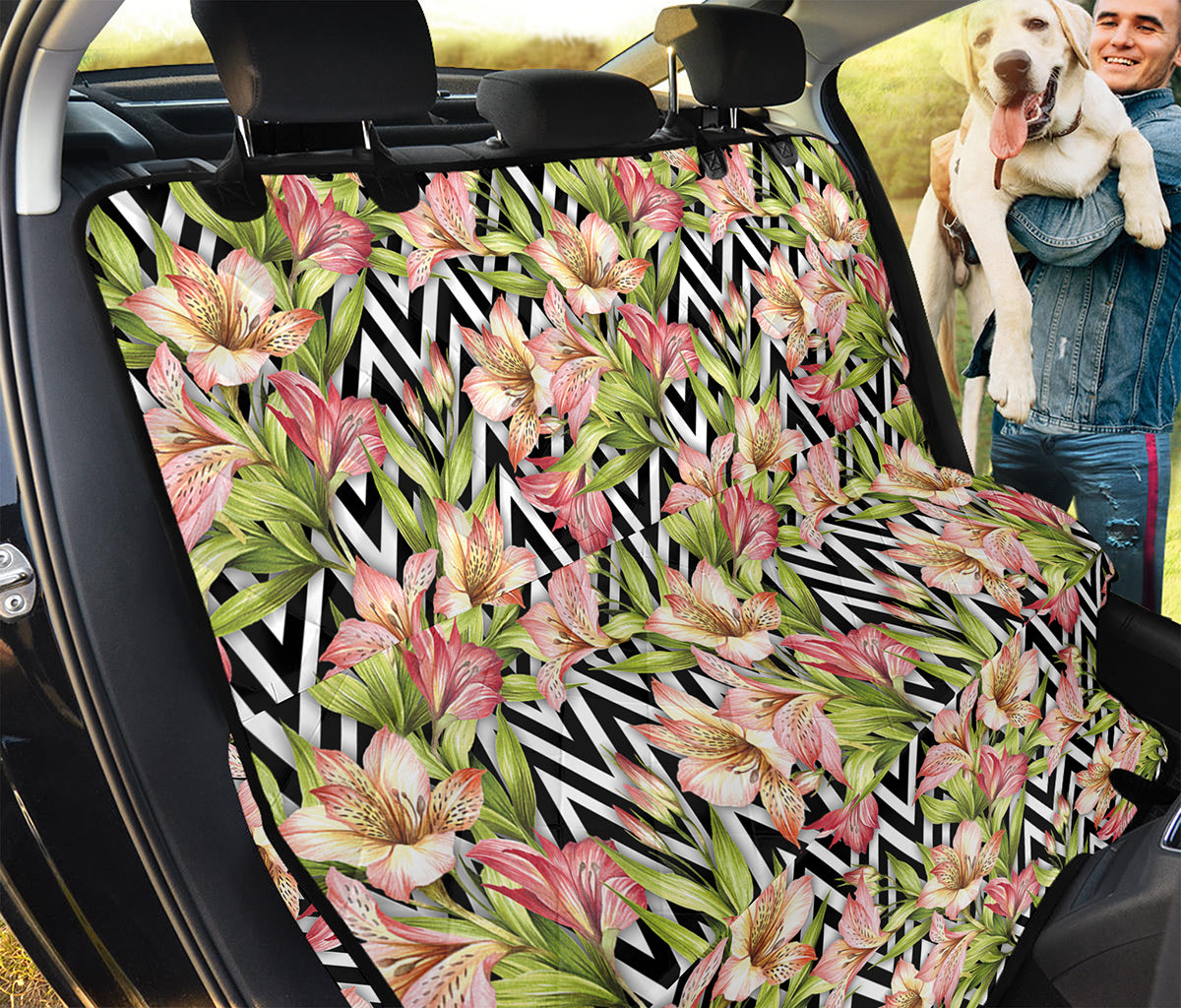 Pastel Alstroemeria Zigzag Pattern Print Pet Car Back Seat Cover