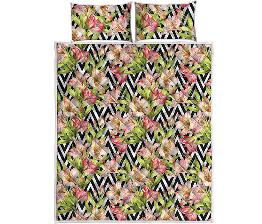 Pastel Alstroemeria Zigzag Pattern Print Quilt Bed Set