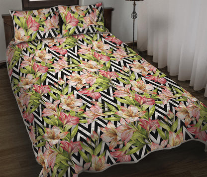 Pastel Alstroemeria Zigzag Pattern Print Quilt Bed Set