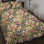 Pastel Alstroemeria Zigzag Pattern Print Quilt Bed Set