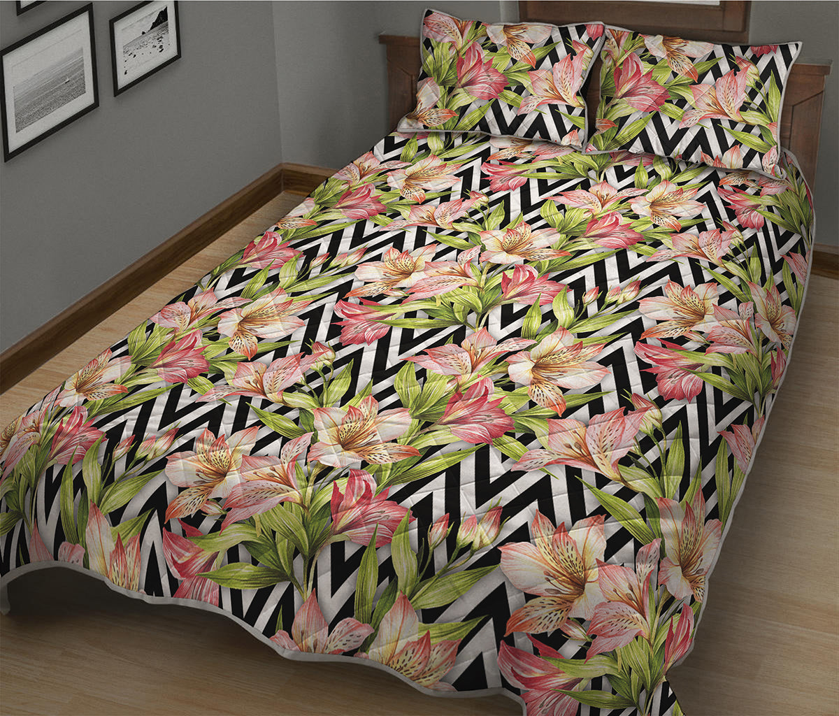 Pastel Alstroemeria Zigzag Pattern Print Quilt Bed Set