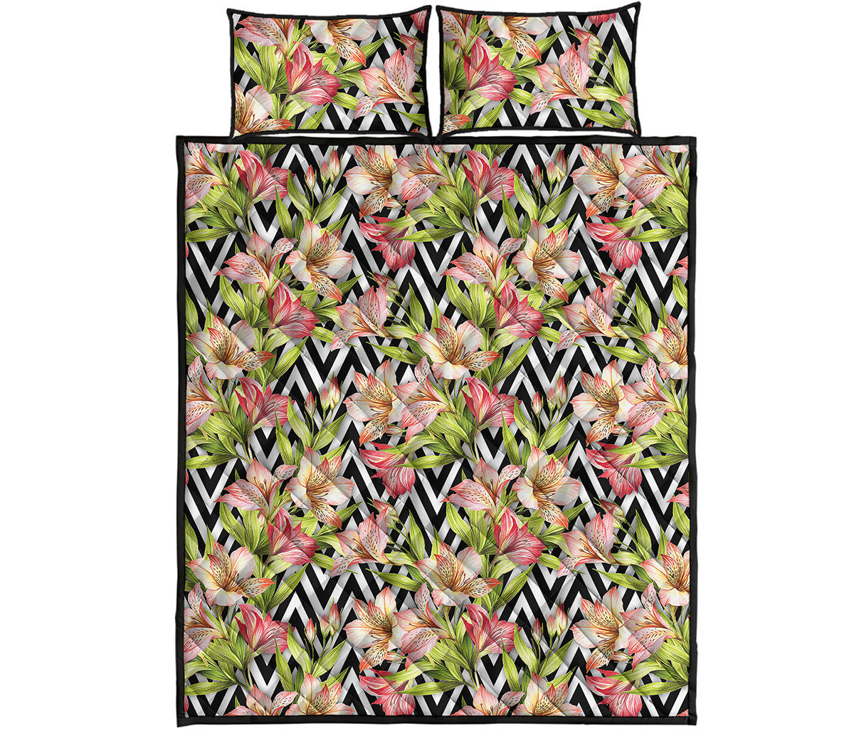 Pastel Alstroemeria Zigzag Pattern Print Quilt Bed Set