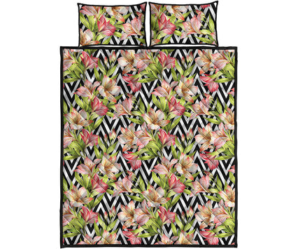Pastel Alstroemeria Zigzag Pattern Print Quilt Bed Set