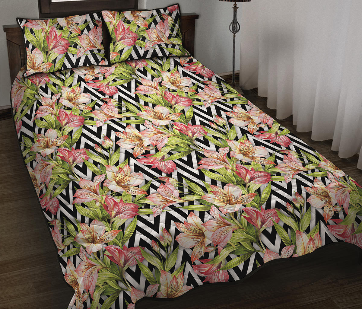 Pastel Alstroemeria Zigzag Pattern Print Quilt Bed Set
