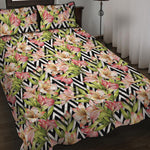Pastel Alstroemeria Zigzag Pattern Print Quilt Bed Set