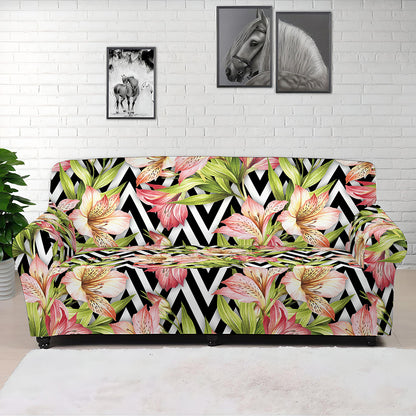 Pastel Alstroemeria Zigzag Pattern Print Sofa Cover
