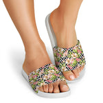 Pastel Alstroemeria Zigzag Pattern Print White Slide Sandals