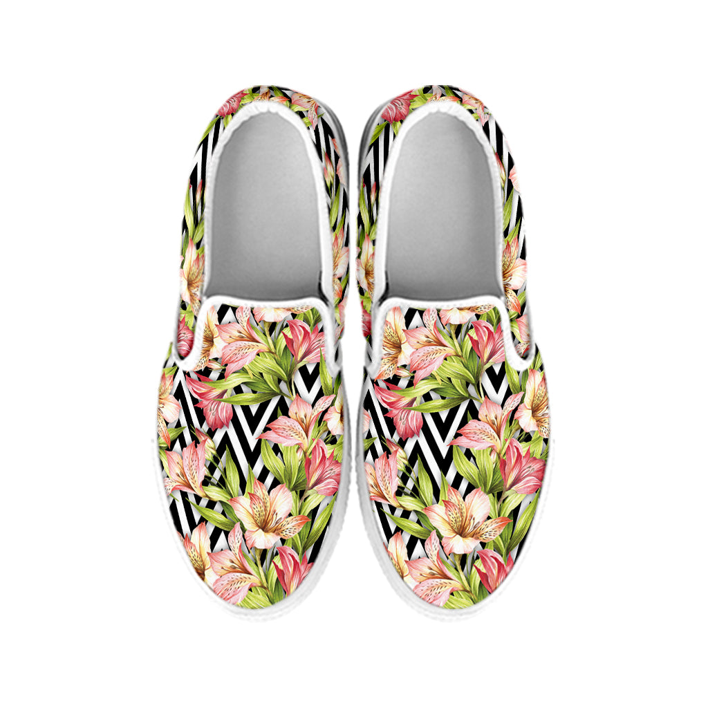 Pastel Alstroemeria Zigzag Pattern Print White Slip On Shoes