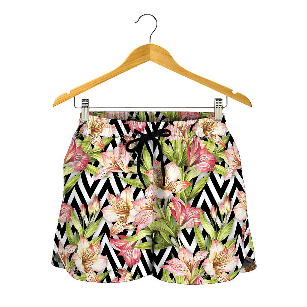 Pastel Alstroemeria Zigzag Pattern Print Women's Shorts