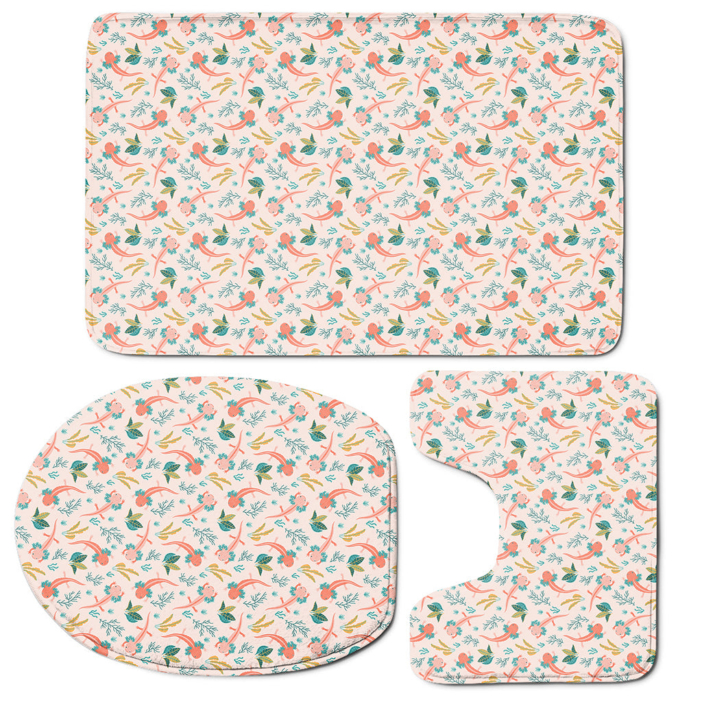 Pastel Axolotl Pattern Print 3 Piece Bath Mat Set