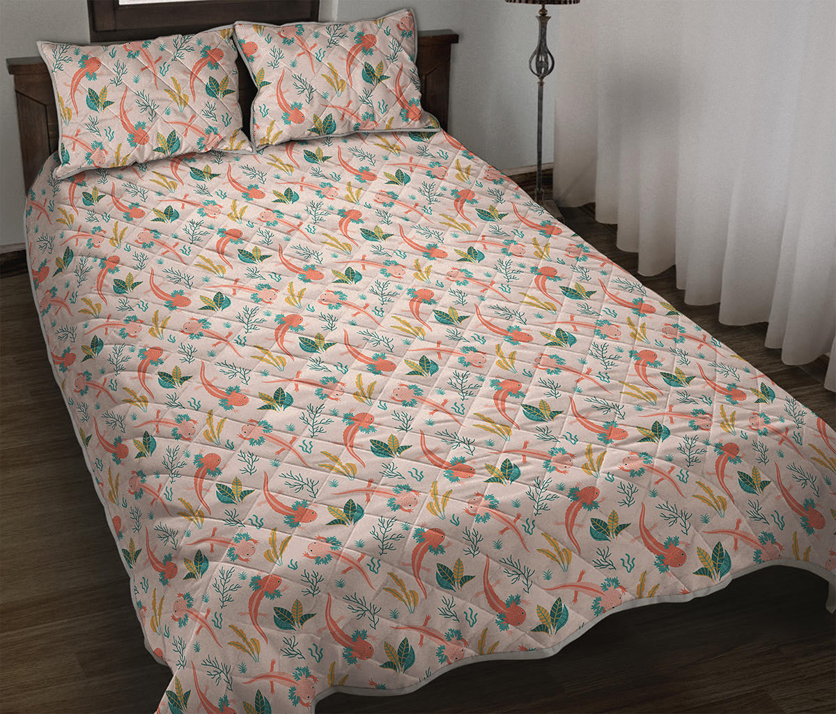 Pastel Axolotl Pattern Print Quilt Bed Set