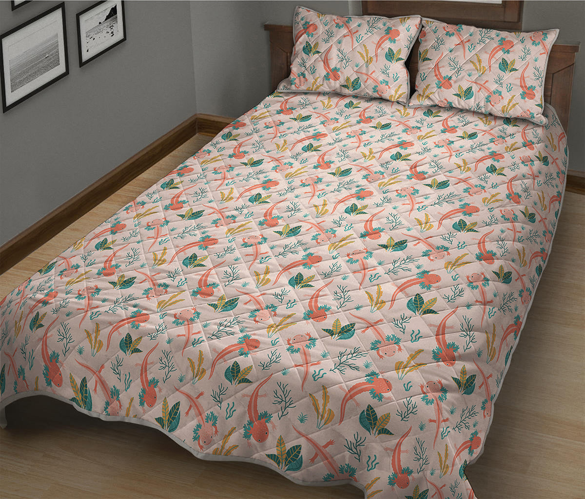 Pastel Axolotl Pattern Print Quilt Bed Set