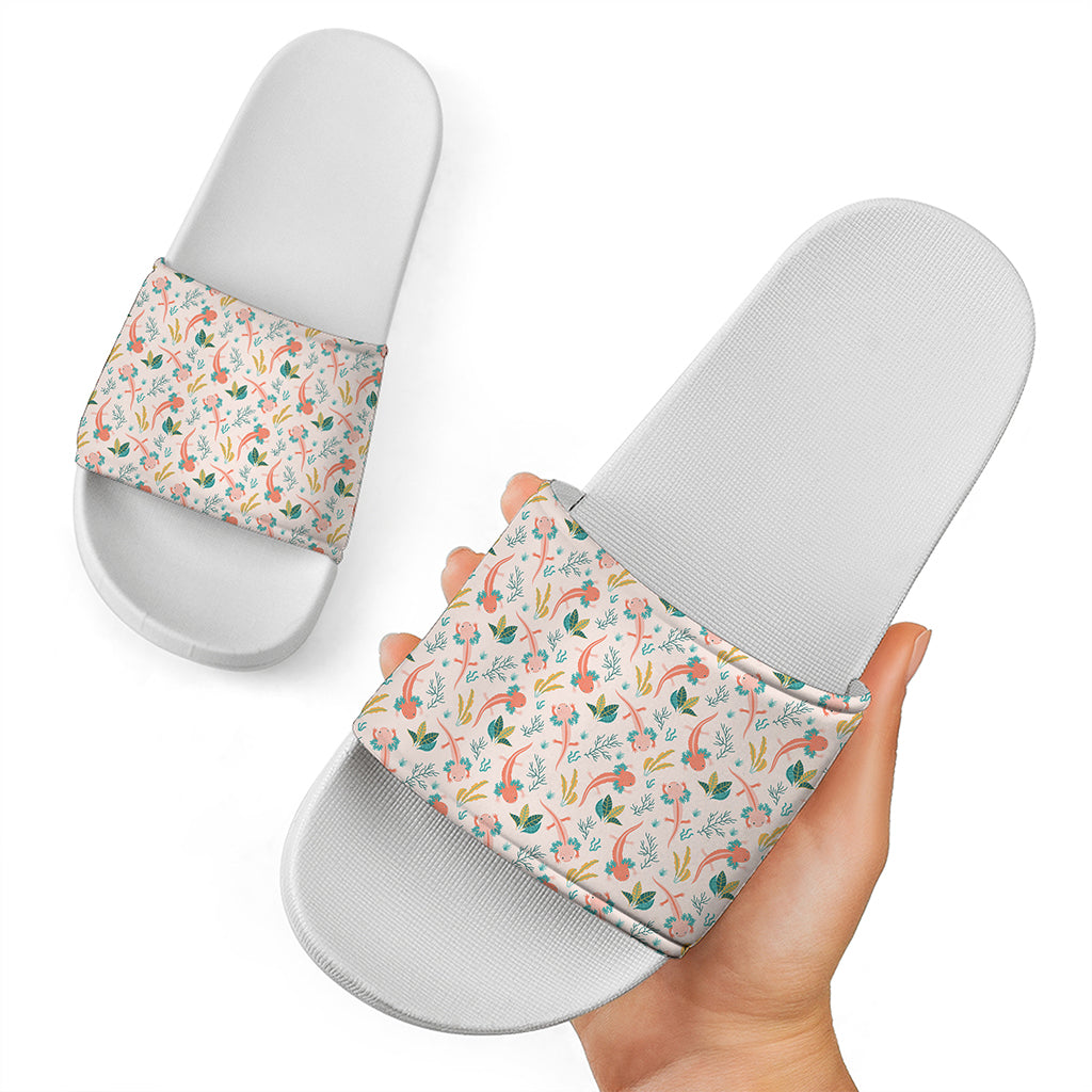 Pastel Axolotl Pattern Print White Slide Sandals