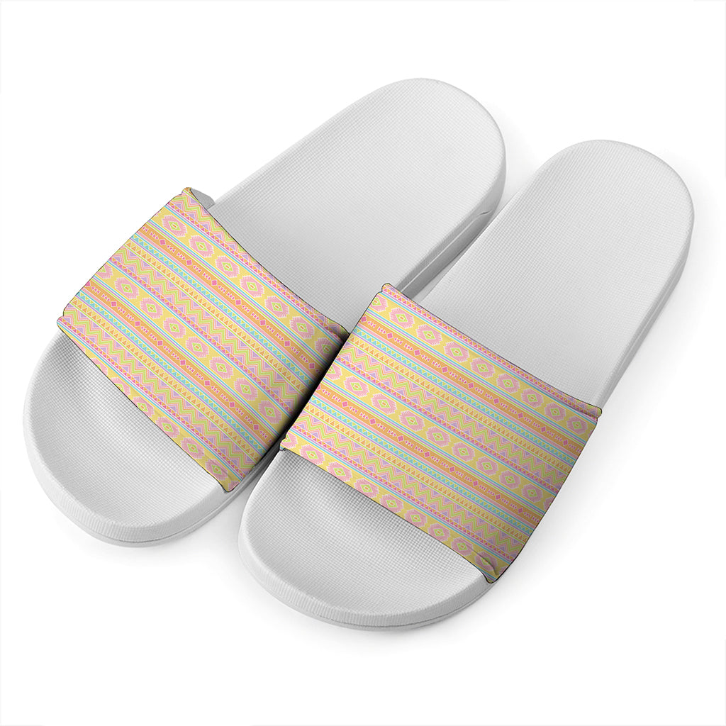 Pastel Aztec Tribal Pattern Print White Slide Sandals