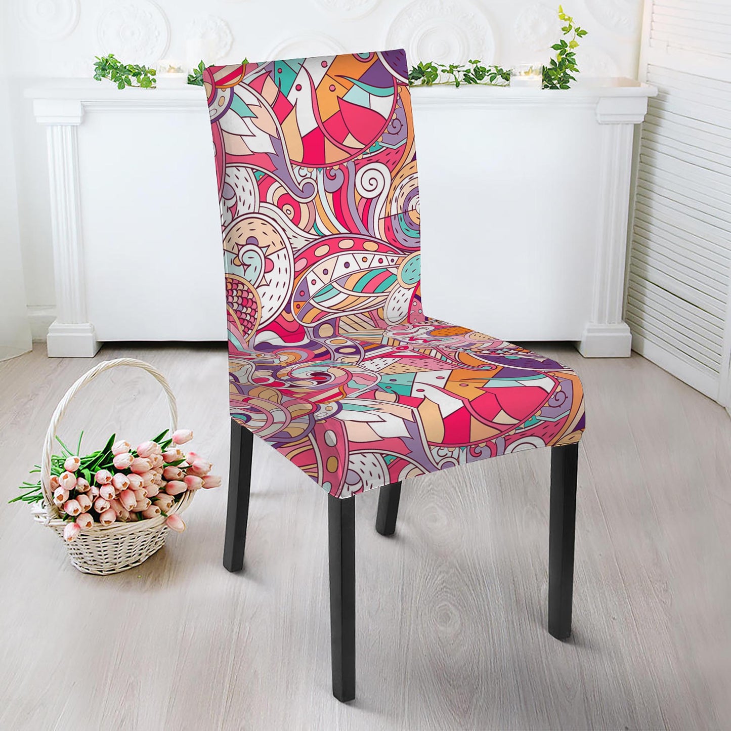 Pastel Bohemian Floral Pattern Print Dining Chair Slipcover