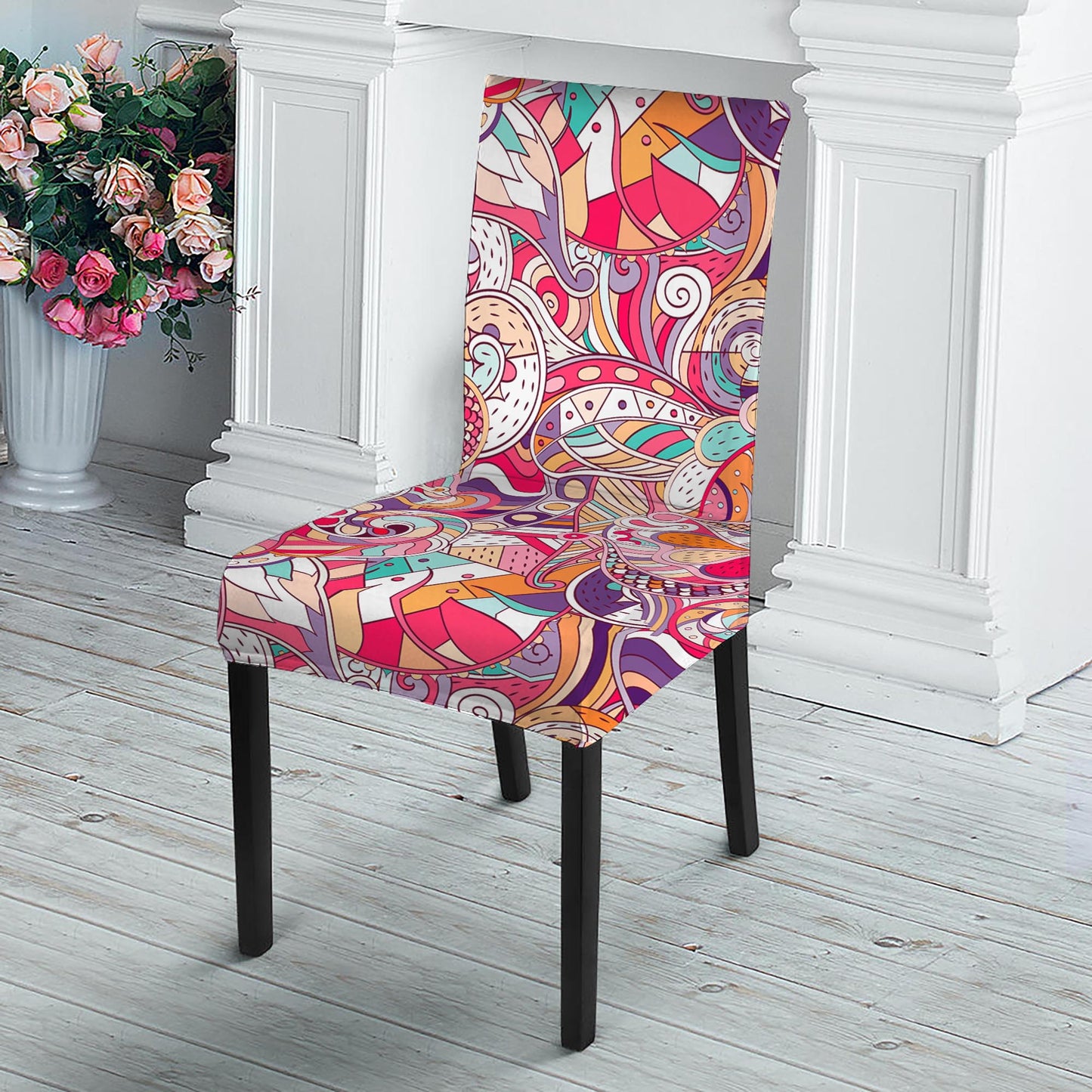 Pastel Bohemian Floral Pattern Print Dining Chair Slipcover