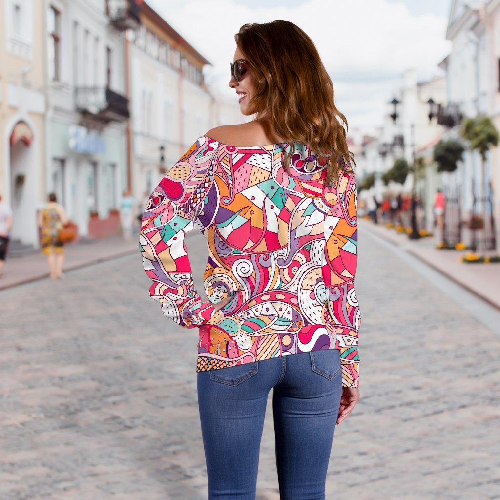 Pastel Bohemian Floral Pattern Print Off Shoulder Sweatshirt GearFrost