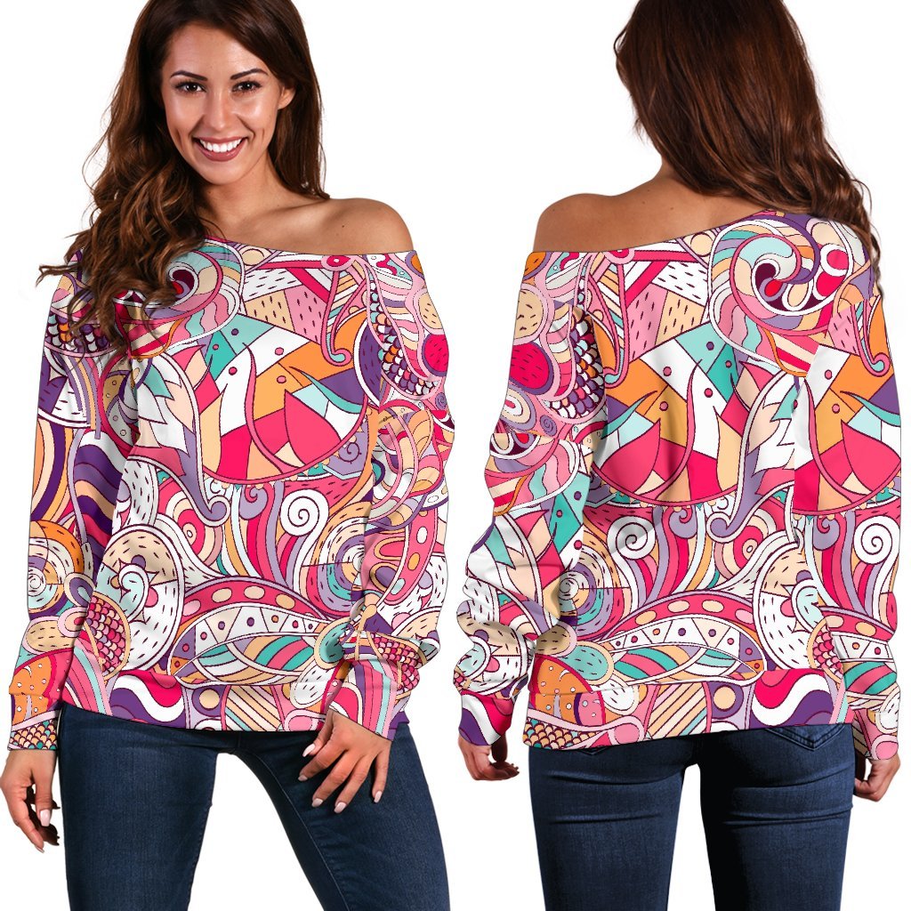Pastel Bohemian Floral Pattern Print Off Shoulder Sweatshirt GearFrost