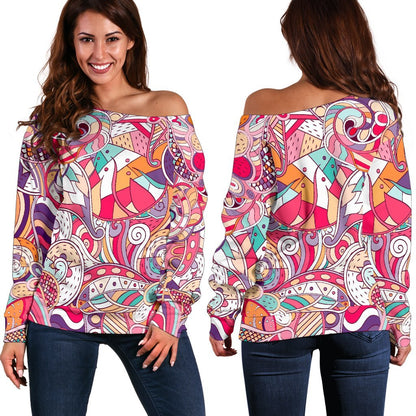 Pastel Bohemian Floral Pattern Print Off Shoulder Sweatshirt GearFrost